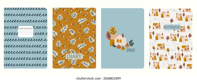 Cover page templates based on patterns with autumn oak leaves, country houses, pumpkins, spiral lines. Thanksgiving concept. Backgrounds for notebooks, notepads, diaries. Headers isolated, replaceable