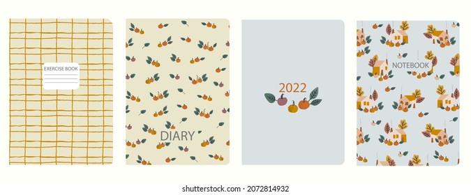 Cover page templates based on patterns with pumpkins, country houses, plaid pattern. Thanksgiving, autumn concept. Backgrounds for notebooks, notepads, diaries. Headers isolated, replaceable