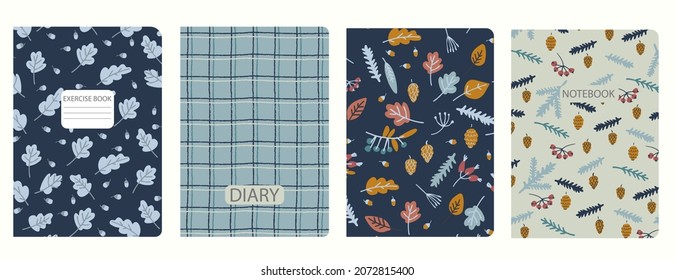 Cover page templates based on seamless patterns with berries, leaves, acorns, fir cones, gridline. Autumn, Thanksgiving concept. Backgrounds for notebooks, diaries. Headers isolated, replaceable