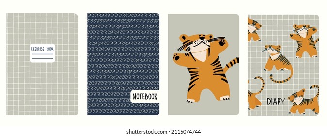 Cover page templates based on illustrations with tigers, checkered and scribbled. Backgrounds for notebooks, notepads, diaries. Headers isolated and replaceable