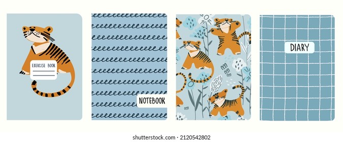 Plantillas de portada basadas en ilustraciones con tigres, a cuadros y garabateados. Fondos para cuadernos, notas, diarios. Cabeceras aisladas y reemplazables
