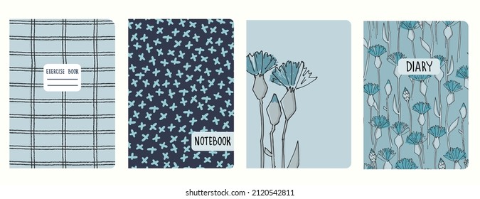Cover page templates based on patterns with cornflowers, plaid, abstract spots. Backgrounds for notebooks, notepads, diaries. Headers isolated, replaceable