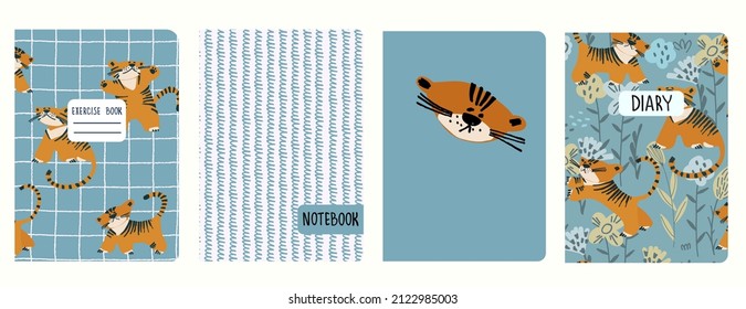Cover page templates based on illustrations with tigers, checkered and scribbled. Backgrounds for notebooks, notepads, diaries. Headers isolated and replaceable