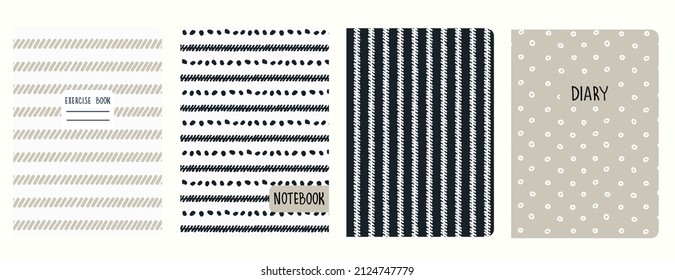 Cover page templates based on seamless geometric patterns in white, black, beige with handdrawn shape, wavy, lines. Backgrounds for notebooks, notepads, diaries. Headers isolated and replaceable