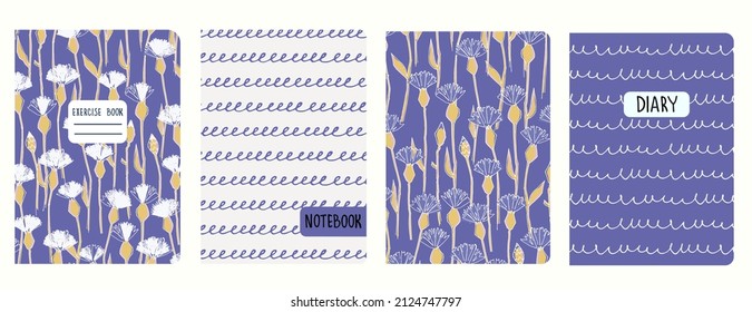 Cover page templates based on patterns with cornflowers, plaid, abstract spots. Backgrounds Very Peri colors of the year 2022 for notebooks, notepads, diaries. Headers isolated, replaceable