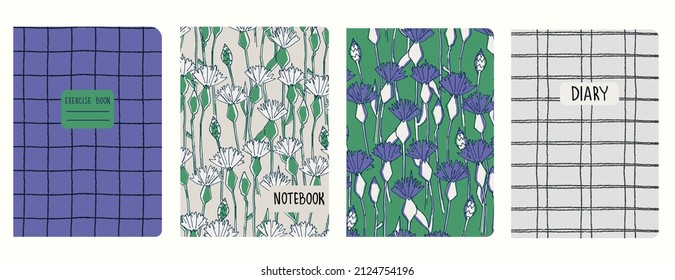 Cover page templates based on patterns with cornflowers, plaid, abstract spots. Backgrounds Very Peri colors of the year 2022 for notebooks, notepads, diaries. Headers isolated, replaceable