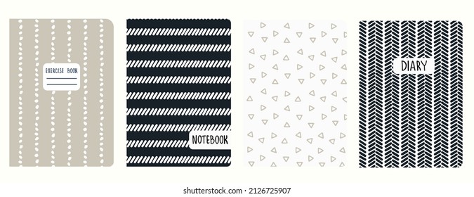 Cover page templates based on seamless geometric patterns in white, black, beige with handdrawn shape, wavy, lines. Backgrounds for notebooks, notepads, diaries. Headers isolated and replaceable