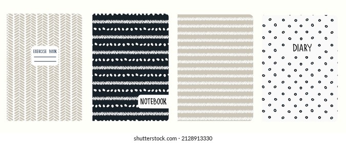 Cover page templates based on seamless geometric patterns in white, black, beige with handdrawn shape, wavy, lines. Backgrounds for notebooks, notepads, diaries. Headers isolated and replaceable