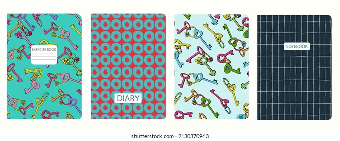 Cover page templates based on seamless patterns with geometric shapes, keys, hand drawn circles, rhombuses. Headers isolated and replaceable. Background for school notebooks, notepads, diaries