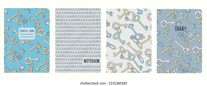 Cover page templates based on seamless patterns with geometric shapes, keys, hand drawn circles, rhombuses. Headers isolated and replaceable. Background for school notebooks, notepads, diaries