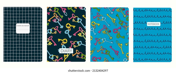 Cover page templates based on seamless patterns with geometric shapes, keys, hand drawn circles, rhombuses. Headers isolated and replaceable. Background for school notebooks, notepads, diaries