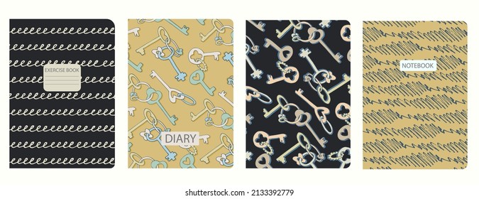 Cover page templates based on seamless patterns with geometric shapes, keys, hand drawn circles, rhombuses. Headers isolated and replaceable. Background for school notebooks, notepads, diaries