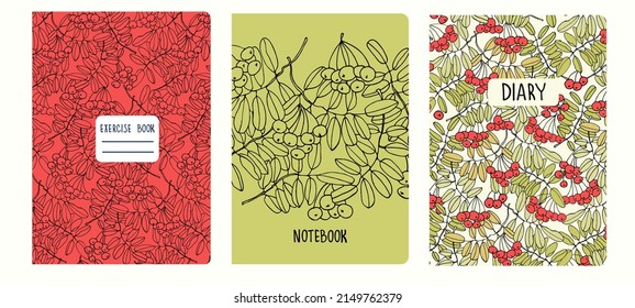 Plantillas de portada basadas en patrones con ramas de ashberry dibujadas a mano. Fondos para cuadernos, notas, diarios. Cabeceras aisladas y reemplazables