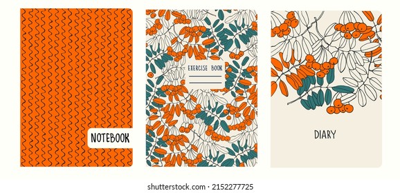 Decken Sie Seitenvorlagen auf der Grundlage von Mustern mit handgezeichneten Aschenbeeren-Ästen. Hintergründe für Notebooks, Notebooks, Tagebücher. Kopfzeilen einzeln und auswechselbar
