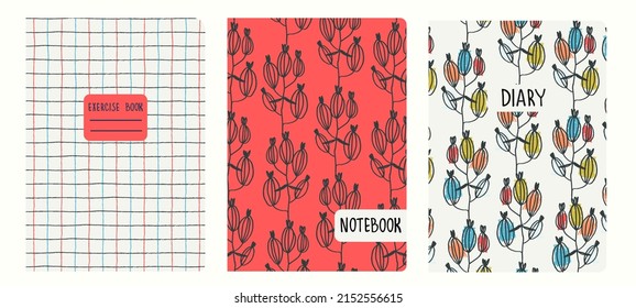 Cover page templates based on seamless patterns with hand drawn burdocks, grid. Burdock illustration with brushstroke texture. Backgrounds for notepads, diaries. Headers isolated and replaceable