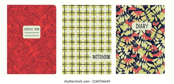 Cover page templates based on patterns with hand drawn ashberry branches, plaid seamless pattern. Backgrounds for notebooks, notepads, diaries. Headers isolated and replaceable