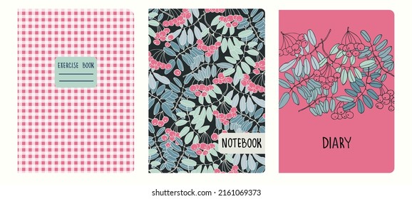 Cover page templates based on patterns with hand drawn ashberry branches, plaid seamless pattern. Backgrounds for notebooks, notepads, diaries. Headers isolated and replaceable