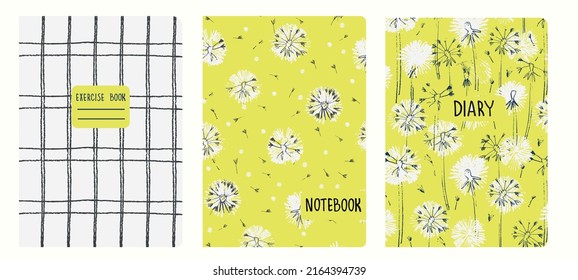 Cover page templates based on seamless patterns in boho style with dandelions, wild flowers, scribble. Backgrounds for notebooks, notepads, diaries. Headers isolated, replaceable