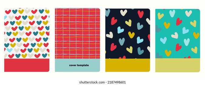 Cover page templates based on patterns with multicolored heart shapes, red plaid, marker ink pen spots. Background for exercise books, notebooks, diaries