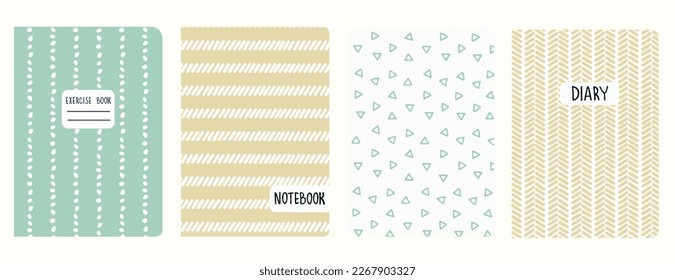 Cover page templates based on seamless geometric patterns in pastel with handdrawn shape, wavy, lines. Backgrounds for notebooks, notepads, diaries. Headers isolated and replaceable