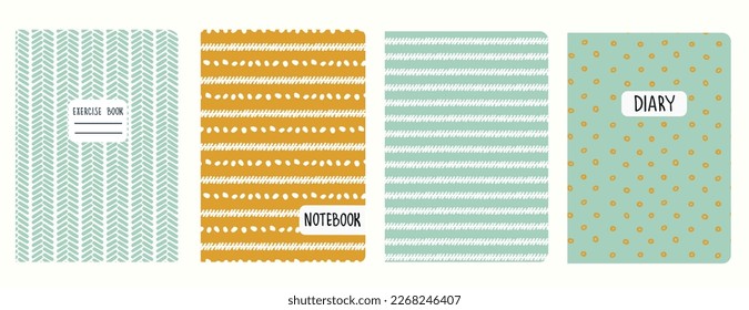 Plantillas de portada basadas en patrones geométricos sin fisuras en tonos pastel con formas dibujadas a mano, onduladas, líneas. Fondos para cuadernos, notas, diarios. Cabeceras aisladas y reemplazables