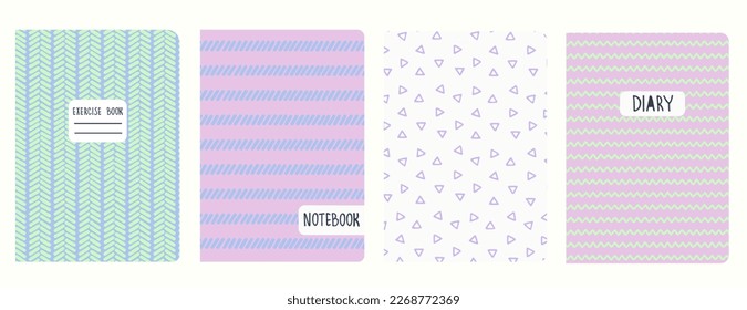 Cover page templates based on seamless geometric patterns in pastel with handdrawn shape, wavy, lines. Backgrounds for notebooks, notepads, diaries. Headers isolated and replaceable