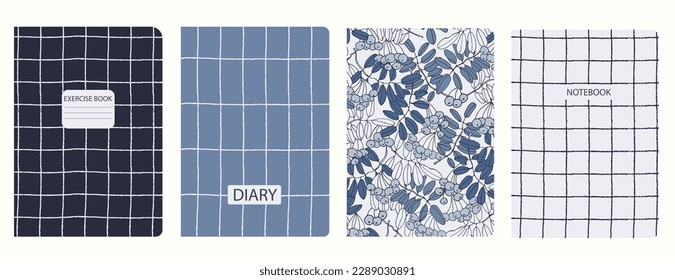 Cover page templates based on patterns with hand drawn rowanberry branches and gridline, toile de jouy style. Backgrounds for notebooks, notepads, diaries. Headers isolated and replaceable