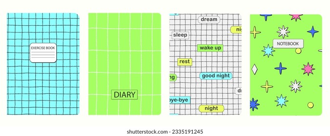 Cover page templates based on seamless geometric patterns with button, cursor, handdrawn shape, wavy, lines. Backgrounds for notebooks, notepads, diaries. Headers isolated and replaceable