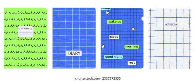 Cover page templates based on seamless geometric patterns with button, cursor, handdrawn shape, wavy, lines. Backgrounds for notebooks, notepads, diaries. Headers isolated and replaceable
