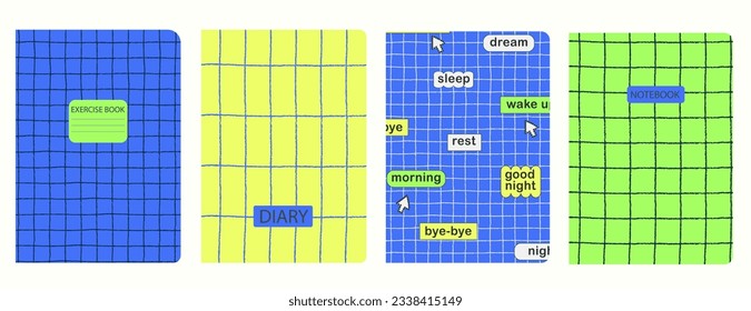 Plantillas de portada basadas en patrones geométricos sin fisuras con botones, cursor, forma dibujada a mano, ondulación, líneas. Fondos para cuadernos, notas, diarios. Cabeceras aisladas y reemplazables
