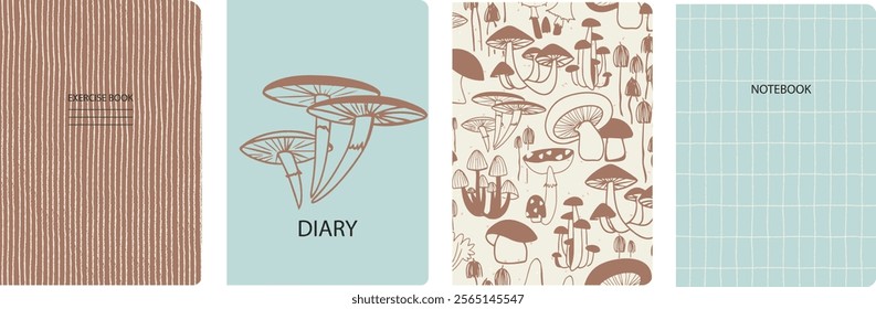 Cover page templates based on patterns with hand drawn Mushrooms, Toadstool style in color 2025 Mocha Mousse. Backgrounds for notebooks, notepads, diaries