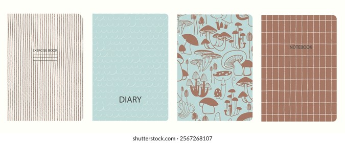 Cover page templates based on patterns with hand drawn Mushrooms, Toadstool style in color 2025 Mocha Mousse. Backgrounds for notebooks, notepads, diaries