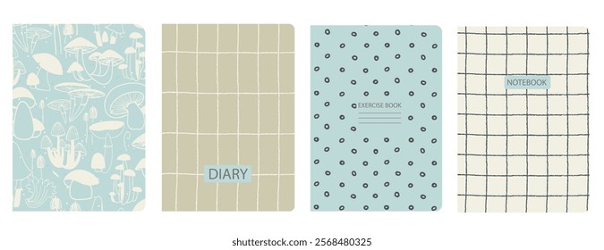 Cover page templates based on patterns with hand drawn Mushrooms, Toadstool. Backgrounds for notebooks, notepads, diaries