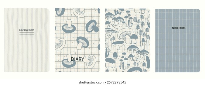 Cover page templates based on patterns with hand drawn Mushrooms, Toadstool. Backgrounds for notebooks, notepads, diaries