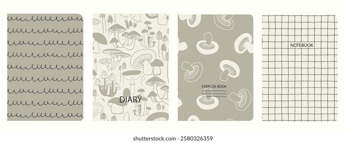 Cover page templates based on patterns with hand drawn Mushrooms, Toadstool. Backgrounds for notebooks, notepads, diaries