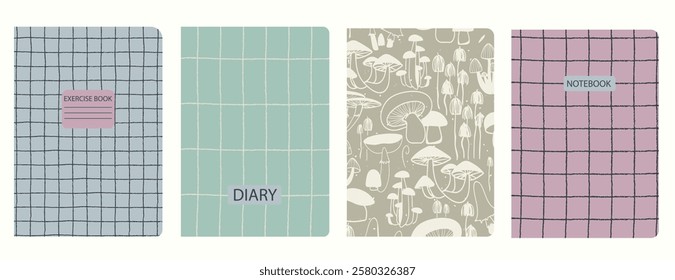 Cover page templates based on patterns with hand drawn Mushrooms, Toadstool. Backgrounds for notebooks, notepads, diaries