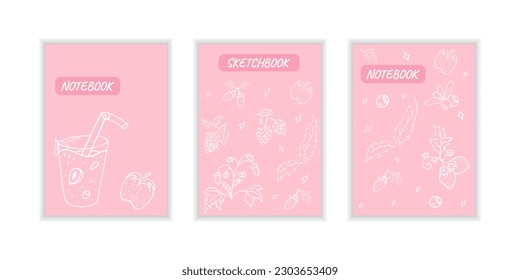 Cover page templates with berries. Pink layouts with strawberries. Doodle style Vector illustration.