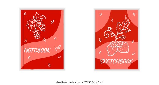 Cover page templates with berries. Red layouts with strawberries and currant. Doodle style Vector.