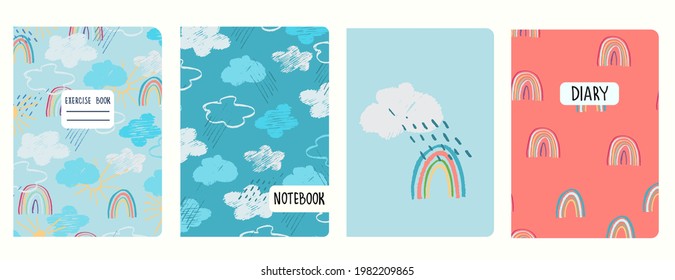 Cover page templates with blue sky, clouds, rain, rainbows, sun. Childs drawing style. Based on seamless patterns. Headers isolated and replaceable. Perfect for school notebooks, notepads, diaries