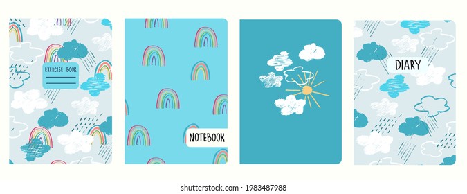 Cover page templates with blue sky, clouds, rain, rainbows, sun. Childs drawing style. Based on seamless patterns. Headers isolated and replaceable. Perfect for school notebooks, notepads, diaries