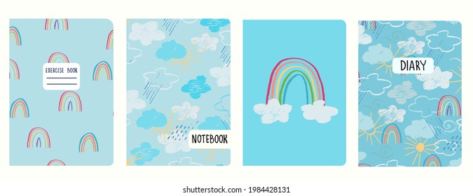 Plantillas de portada con cielo azul, nubes, lluvia, arcos de lluvia, sol. Estilo de dibujo para chiles. Basado en patrones sin fisuras. Cabeceras aisladas y reemplazables. Perfecto para cuadernos escolares, notas, diarios