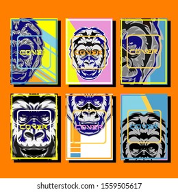 Cover page templates dynamic vector set. Abstract colorful halftone gradient backgrounds for journal design. Eps10 vector. Geometric patterns cool magazine covers graphic design.Gorilla abstract cover