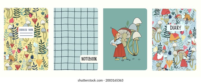 Cover page templates with female gnomes, fairy tale elf girls gathering berries, mushrooms, flowers. Based on seamless patterns. Backgrounds for notebooks, diaries. Headers isolated and replaceable