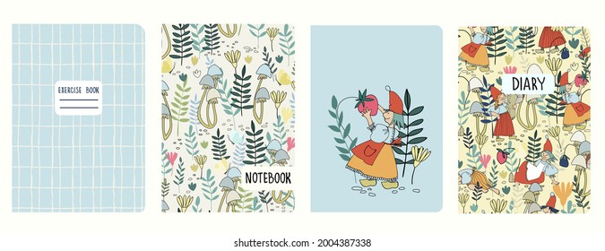 Cover page templates with female gnomes, fairy tale elf girls picking berries, mushrooms, flowers. Based on seamless patterns. Backgrounds for notebooks, diaries. Headers isolated and replaceable