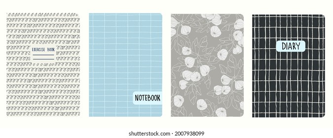 Plantillas de portada con ramas de árbol de higos, líneas de cuadrícula dibujadas a mano, líneas de espiral. Basado en patrones sin fisuras. Antecedentes de cuadernos escolares, cuadernos, diarios. Cabeceras aisladas y reemplazables
