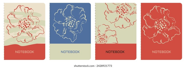 Cover page templates. Floral print. Versatile abstract layouts with pomegranate flowers in vintage colors. For notebooks, planners, brochures, books, catalogs, etc. Vector.