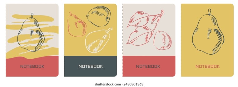 Cover page templates. Fruit print. Abstract vector layouts with pears in vintage colors. For notebooks, planners, brochures, books, catalogs