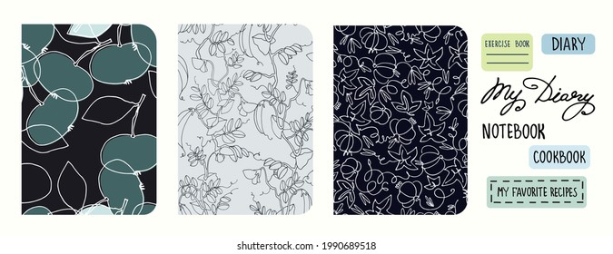 Cover page templates with fruit and vegetables in trendy style. Based on seamless patterns with apples, pea, pumpkin. Headers isolated and replaceable. Perfect for notebooks, notepads, diaries, etc