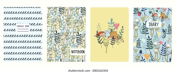 Cover page templates with funny female gnome, fairy tale elf girl sleeping in the forest. Based on seamless patterns. Backgrounds for notebooks, diaries. Headers isolated and replaceable