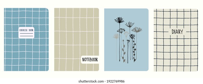 Cover page templates with hand drawn Apiaceae flowering plant, grid, plaid. Based on seamless patterns. Headers isolated and replaceable. Perfect for school notebooks, notepads, diaries